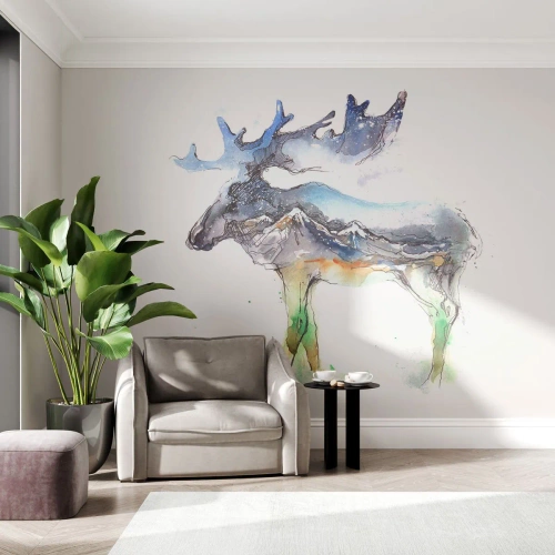 Fotomural Premium Canvas - Silueta de acuarela de un alce con un paisaje montañoso. - 100x70cm - El héroe de un cuento de invierno - Decoración de pared moderna para salón y dormitorio ARTTOR