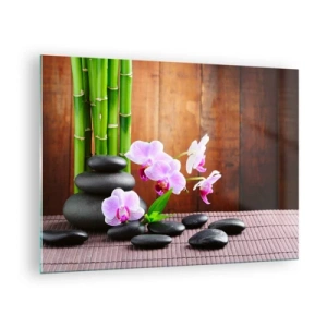 Cuadro sobre vidrio - Impresiones sobre Vidrio - Orquídeas rosas, bambú y piedras negras contra una pared de madera. - 70x50cm - Experimente los placeres de Oriente - Decoración de pared moderna para salón y dormitorio ARTTOR