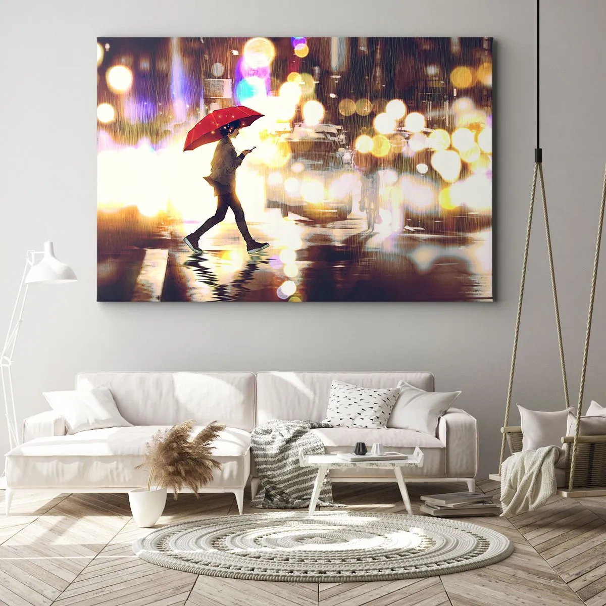 Cuadro sobre lienzo - Impresión de Imagen - Una figura con un paraguas rojo en la calle bajo la lluvia. - 70x50cm - Saldrá el sol - Decoración de pared moderna para salón y dormitorio ARTTOR