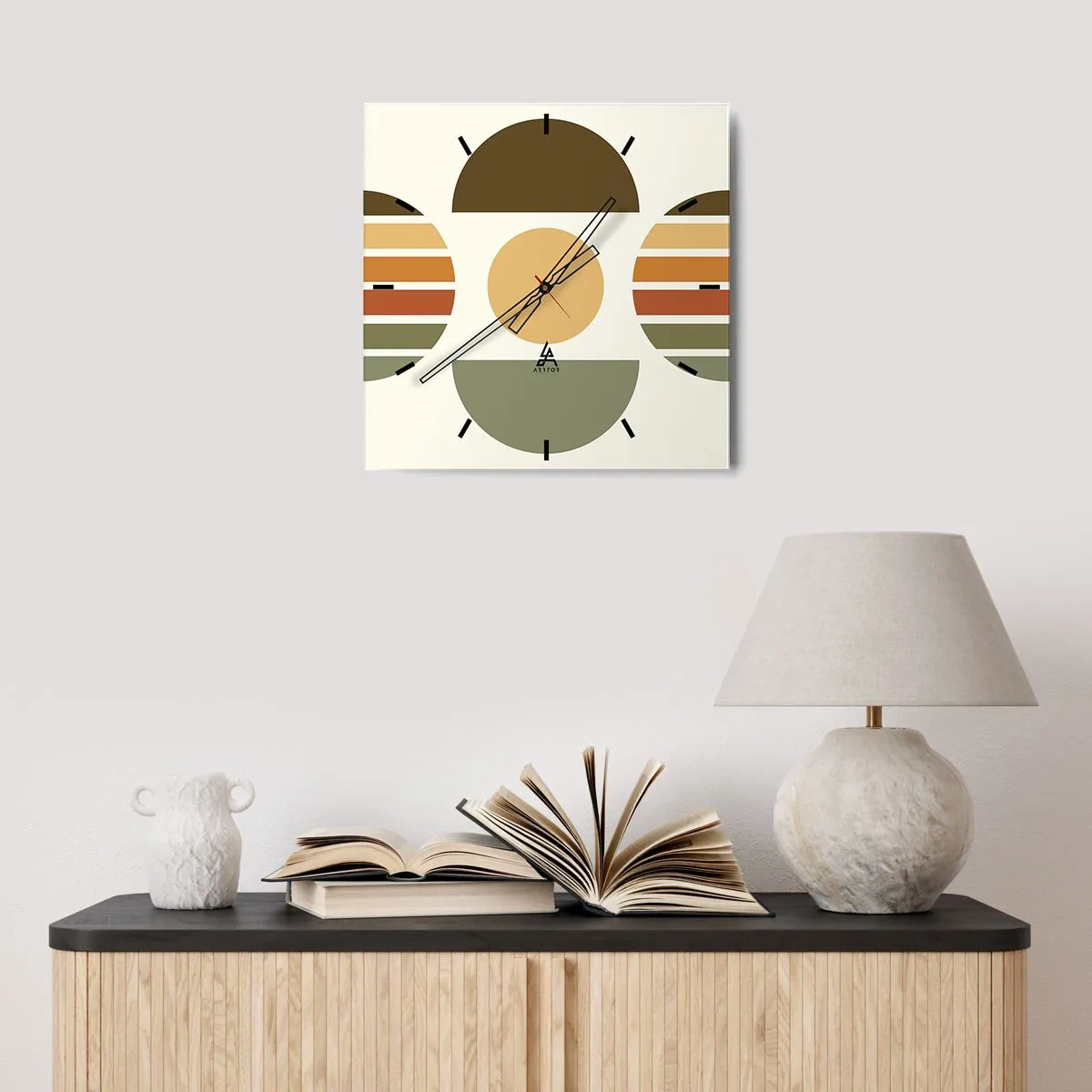 Reloj de pared - Reloj de vidrio - Composición geométrica con semicírculos y rayas en tonos tierra. - 30x30cm - Los tonos de la tierra - Decoración de pared moderna para salón y dormitorio ARTTOR
