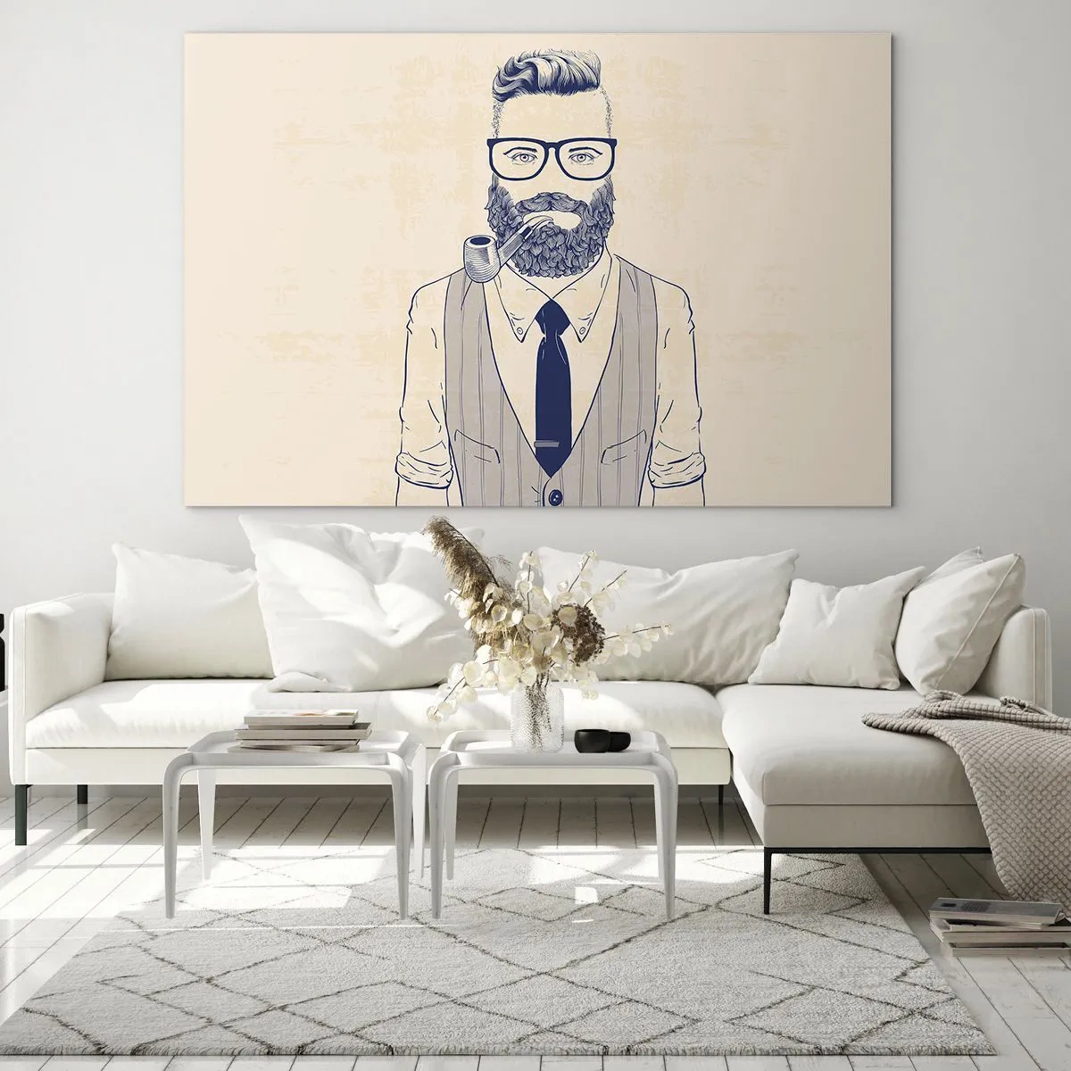 Cuadro sobre vidrio - Impresiones sobre Vidrio - Un hombre estilizado con barba, gafas y pipa sobre un fondo claro. - 70x50cm - Alegre, masculino y a la moda - Decoración de pared moderna para salón y dormitorio ARTTOR