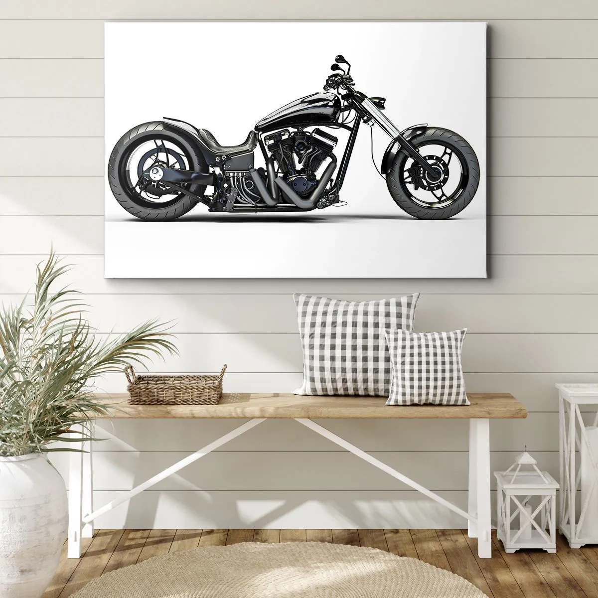 Cuadro sobre lienzo - Impresión de Imagen - Elegante motocicleta personalizada negra sobre un fondo blanco. - 70x50cm - Para los que aman la libertad - Decoración de pared moderna para salón y dormitorio ARTTOR