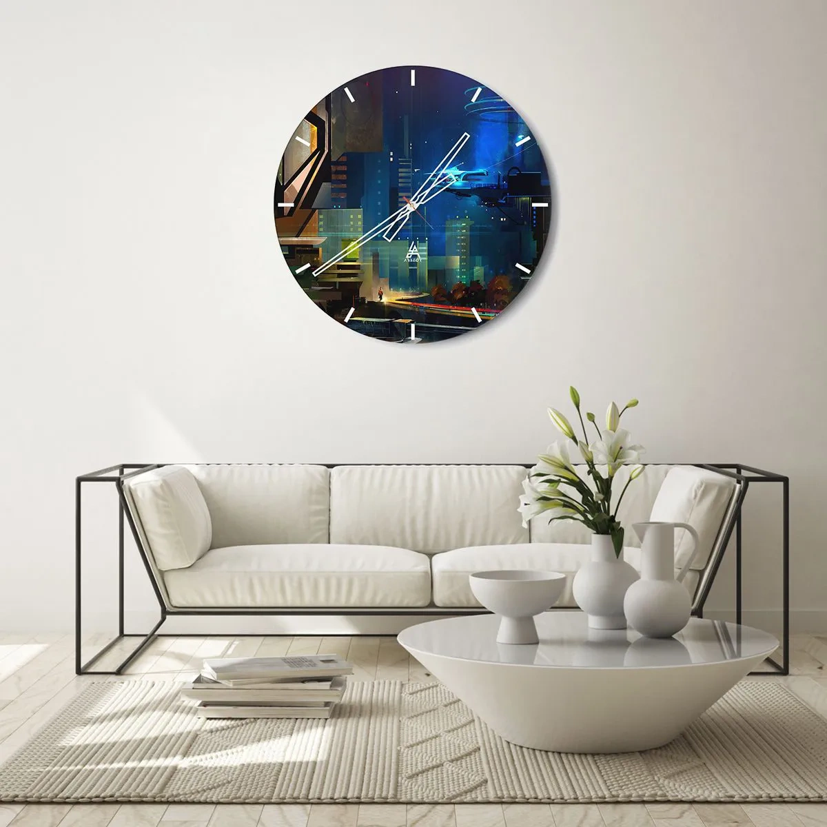 Reloj de pared - Reloj de vidrio - Ciudad futurista de noche con luces de neón y vehículos. - 30x30cm - En un futuro próximo - Decoración de pared moderna para salón, cocina y dormitorio ARTTOR