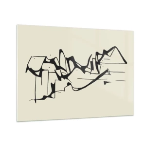 Cuadro sobre vidrio - Impresiones sobre Vidrio - Línea abstracta en blanco y negro que forma el contorno de un paisaje. - 100x70cm - Tal vez sea un paisaje - Decoración de pared moderna para salón y dormitorio ARTTOR