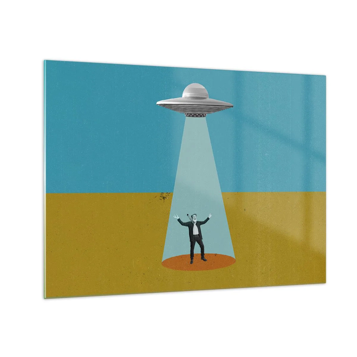 Cuadro sobre vidrio - Impresiones sobre Vidrio - Un hombre a la luz de un platillo espacial sobre un fondo colorido. - 70x50cm - Un encuentro cercano - Decoración de pared moderna para salón y dormitorio ARTTOR