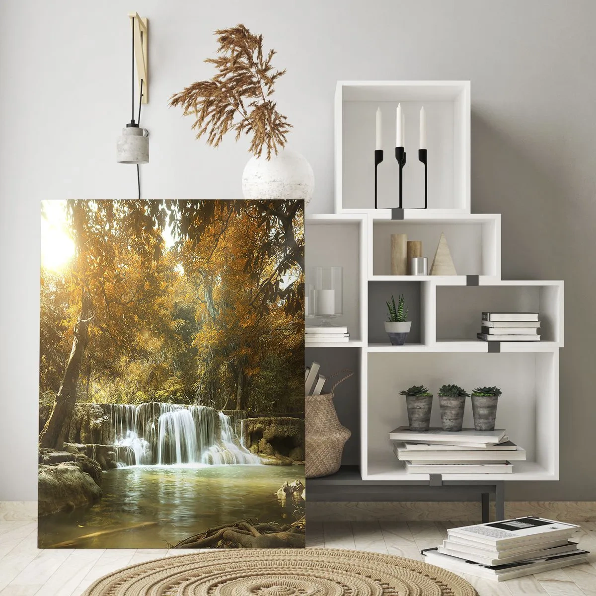 Cuadro sobre vidrio - Impresiones sobre Vidrio - Una cascada en un parque rodeada de árboles en colores otoñales. - 50x70cm - Una cascada en el parque - Decoración de pared moderna para salón y dormitorio ARTTOR