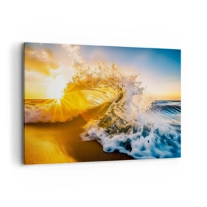 Cuadro sobre lienzo - Impresión de Imagen - Una ola dorada con el sol poniente como telón de fondo. - 120x80cm - Jugando en la arena - Decoración de pared moderna para salón y dormitorio ARTTOR
