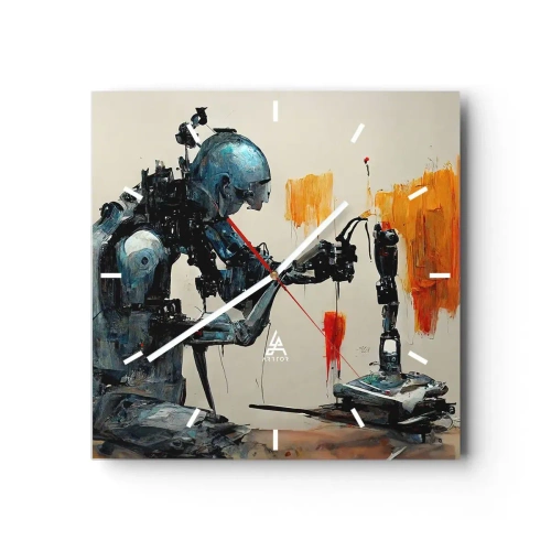 Reloj de pared - Reloj de vidrio - Robot trabajando con fondo abstracto - 30x30cm - Próximamente... - Decoración de pared moderna para salón y dormitorio ARTTOR