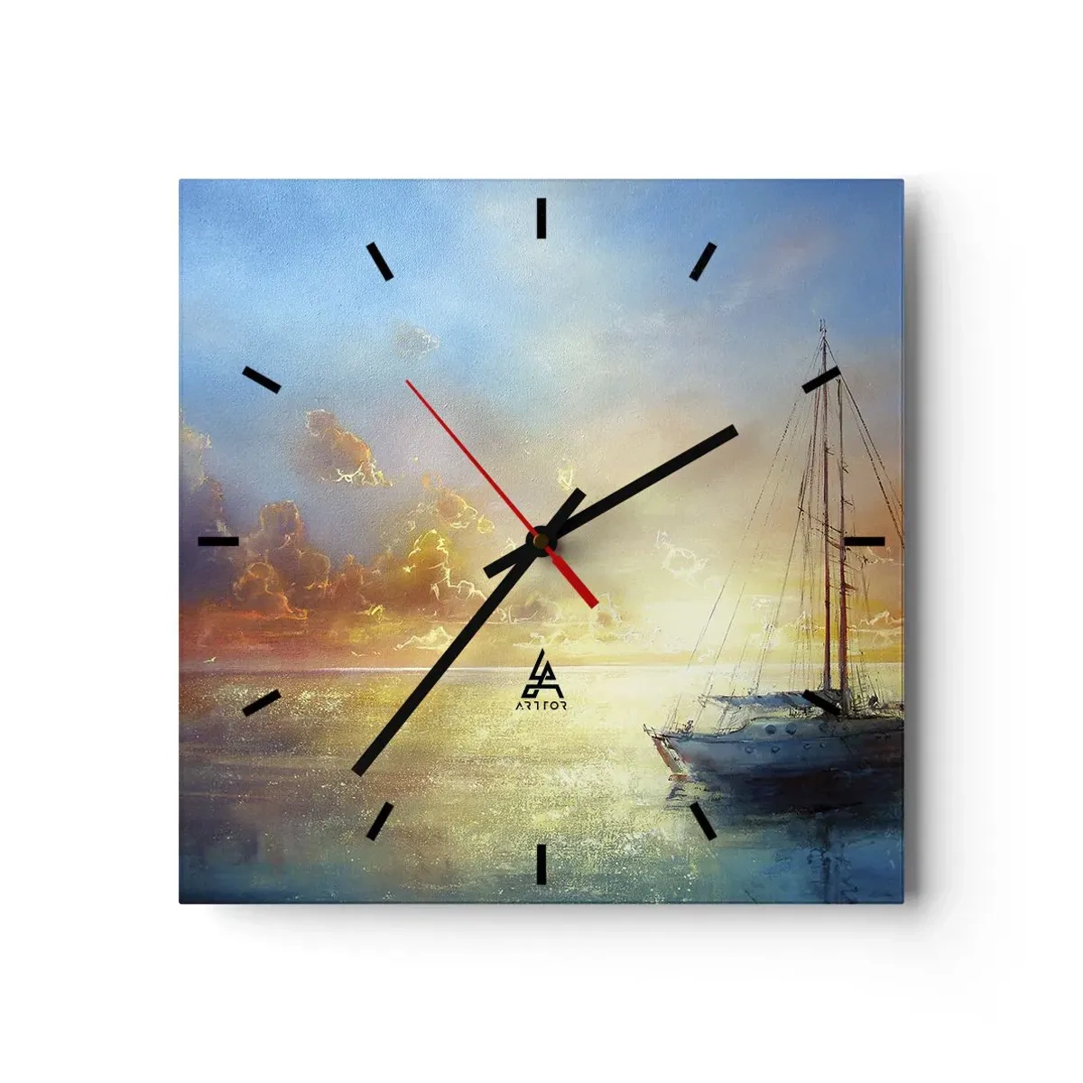 Reloj de pared - Reloj de vidrio - Un yate en un mar tranquilo al atardecer. - 30x30cm - En una bahía dorada - Decoración de pared moderna para salón y dormitorio ARTTOR