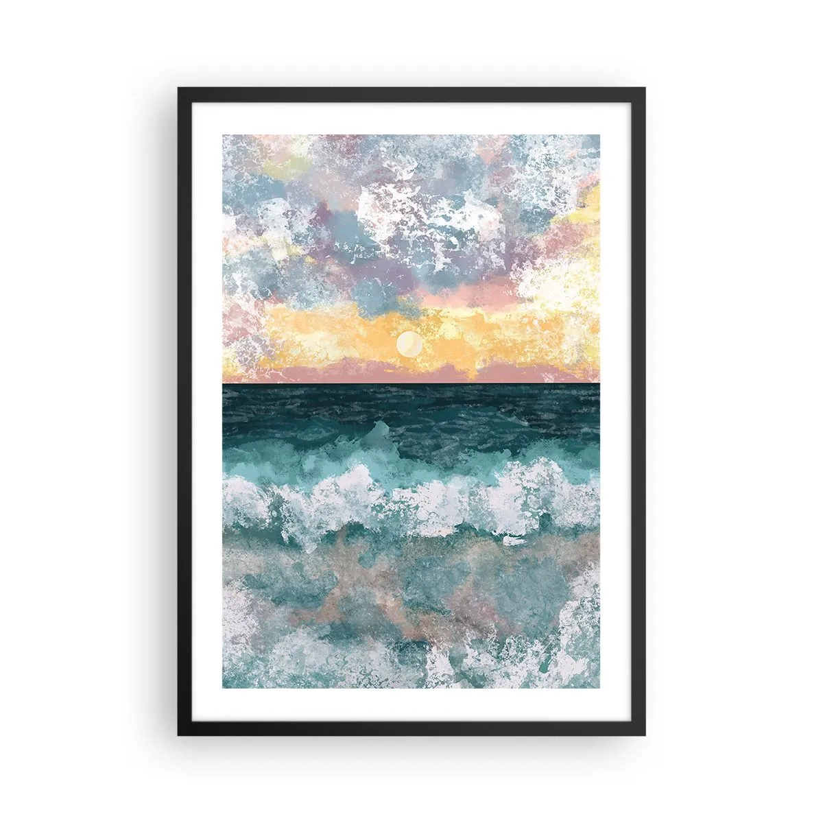 Póster en marco negro - Olas del mar y puesta de sol en estilo acuarela - 50x70cm - Agua, luz, aire - Decoración de pared moderna para salón y dormitorio ARTTOR
