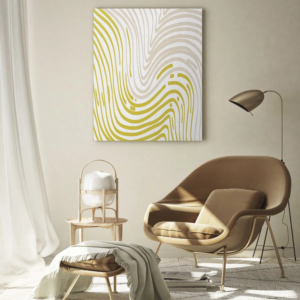 Cuadro sobre vidrio - Impresiones sobre Vidrio - Un patrón abstracto con líneas onduladas en tonos amarillo y beige. - 80x120cm - Composición curvada - Decoración de pared moderna para salón y dormitorio ARTTOR