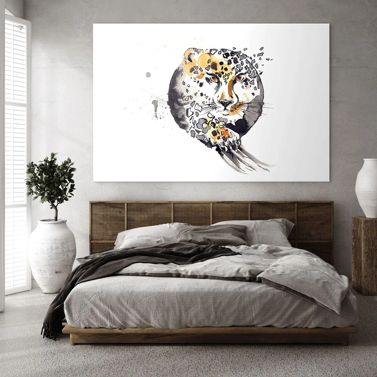 Cuadro sobre vidrio - Impresiones sobre Vidrio - Leopardo en una composición dinámica y abstracta. - 100x70cm - Belleza depredadora - Decoración de pared moderna para salón y dormitorio ARTTOR