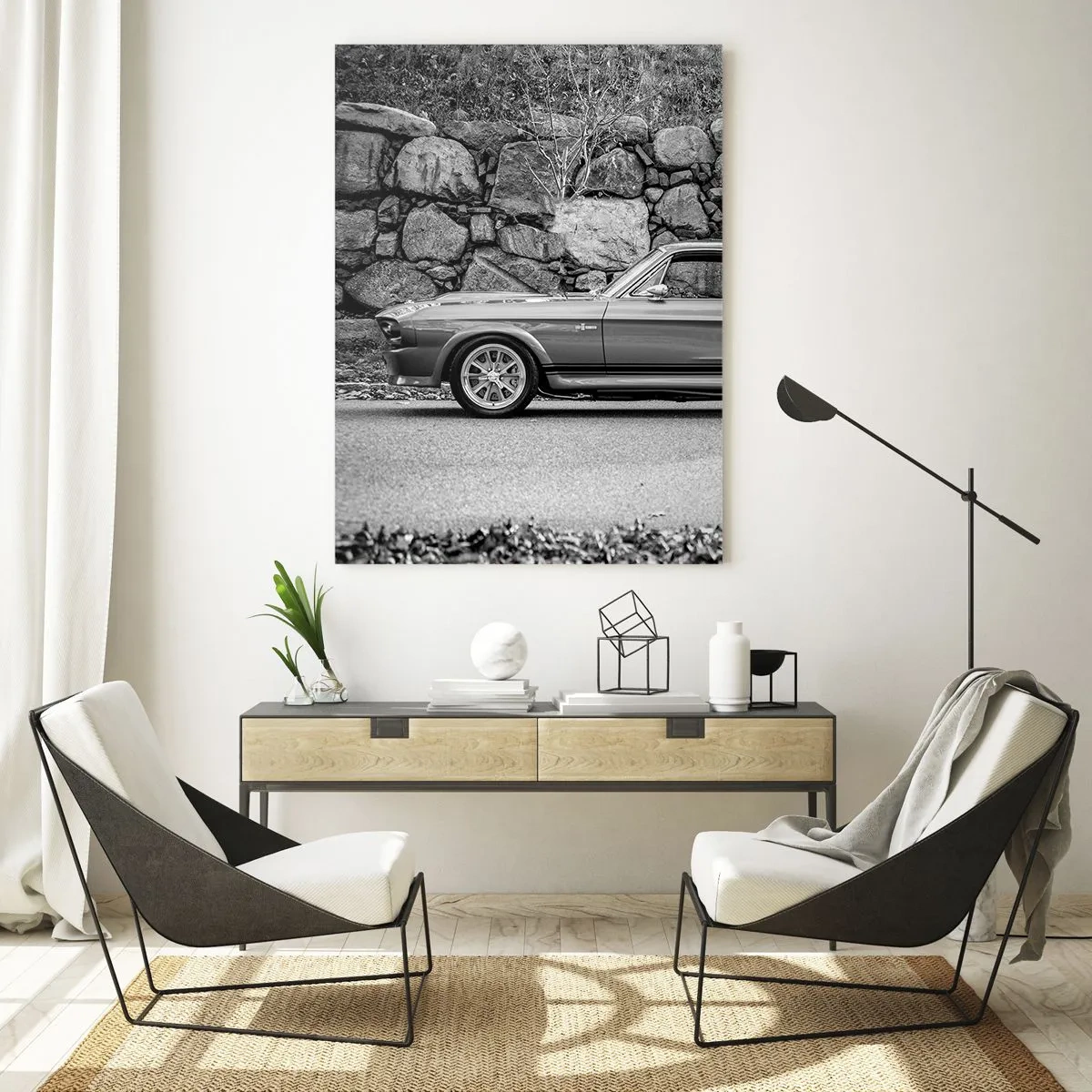 Cuadro sobre vidrio - Impresiones sobre Vidrio - Un coche clásico contra un muro de piedra. - 50x70cm - Una leyenda de los años 60 - Decoración de pared moderna para salón y dormitorio ARTTOR