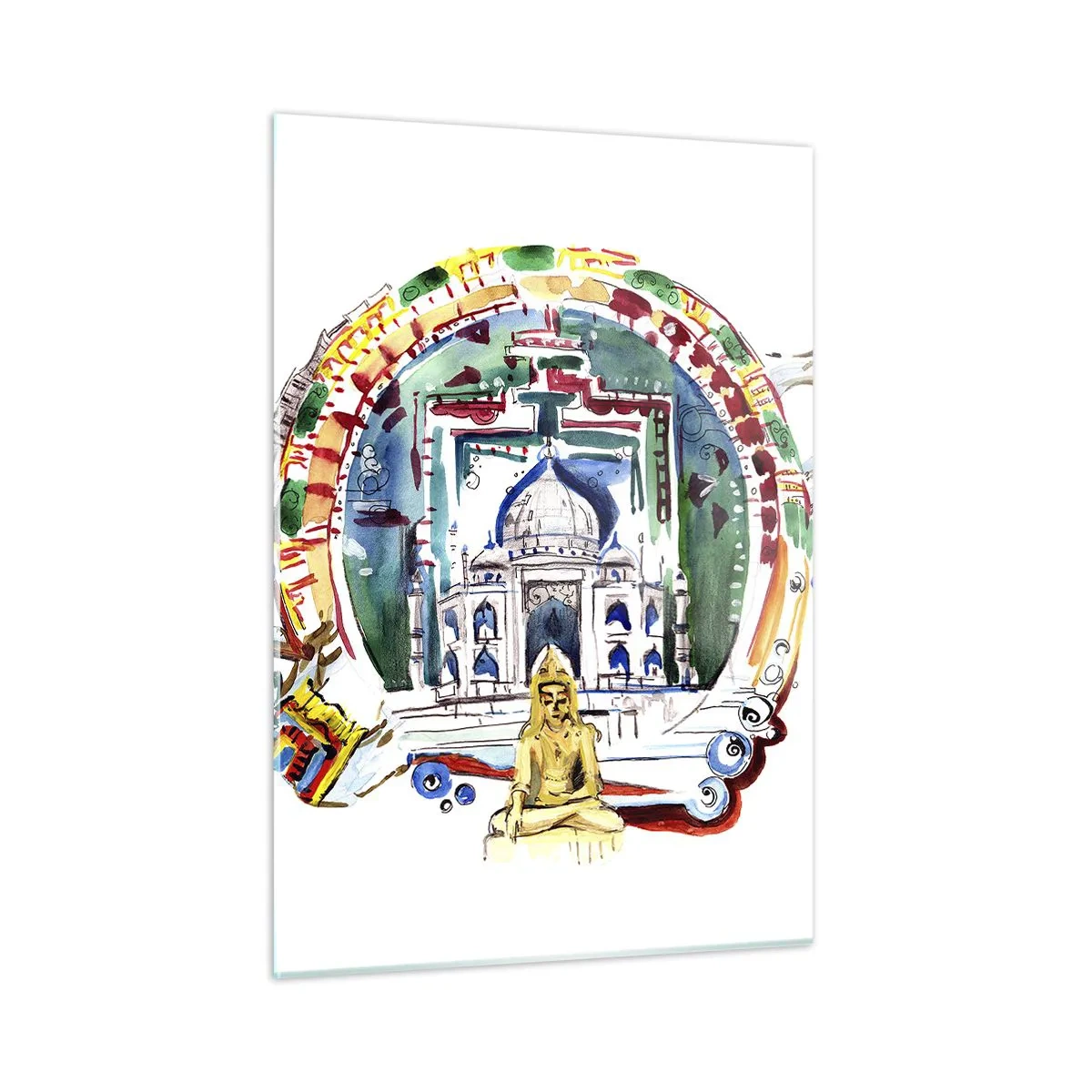 Cuadro sobre vidrio - Impresiones sobre Vidrio - Ilustración colorida de monumentos indios en estilo acuarela - 50x70cm - Hindú - Decoración de pared moderna para salón y dormitorio ARTTOR
