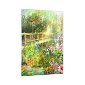 Cuadro sobre vidrio - Impresiones sobre Vidrio - Un puente rodeado de exuberante vegetación y flores de colores. - 50x70cm - Un puente de suspiros de primavera - Decoración de pared moderna para salón y dormitorio ARTTOR