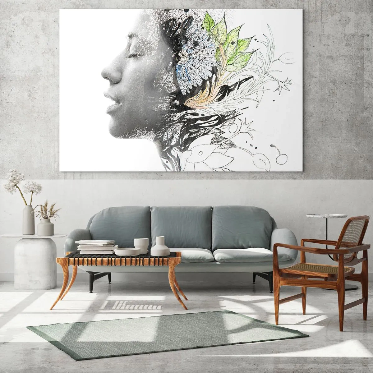 Cuadro sobre vidrio - Impresiones sobre Vidrio - Perfil de mujer con motivos naturales en estilo monocromático. - 70x50cm - Inmersión en la naturaleza - Decoración de pared moderna para salón y dormitorio ARTTOR
