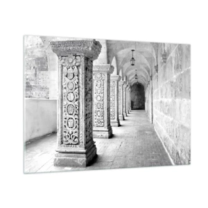 Cuadro sobre vidrio - Impresiones sobre Vidrio - Claustro histórico con columnas talladas - 100x70cm - ¿Y adónde nos llevará...? - Decoración de pared moderna para salón y dormitorio ARTTOR
