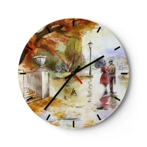 Reloj de pared - Reloj de vidrio - Un paseo otoñal por el parque pintado en acuarela. - 30x30cm - Un otoño romántico en el parque - Decoración de pared moderna para salón, cocina y dormitorio ARTTOR