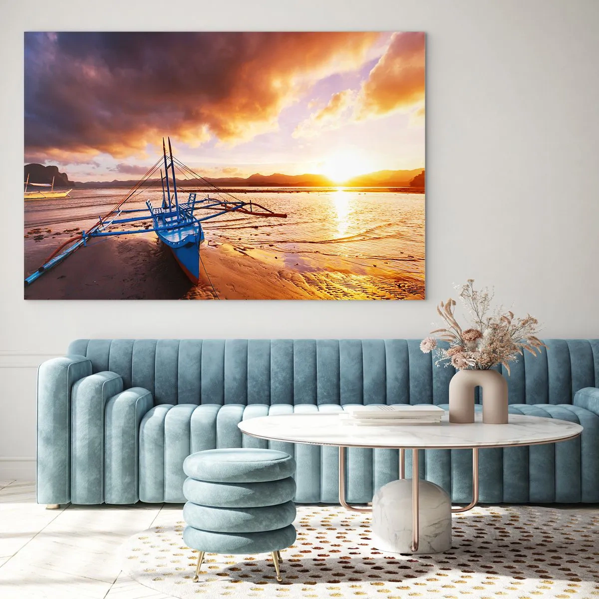 Cuadro sobre vidrio - Impresiones sobre Vidrio - Barco en la playa al atardecer con un cielo espectacular - 100x70cm - Después de un largo día, relájate en la arena - Decoración de pared moderna para salón y dormitorio ARTTOR