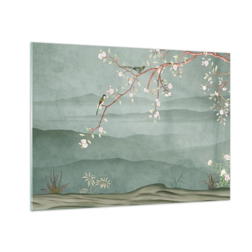 Cuadro sobre vidrio - Impresiones sobre Vidrio - Una rama con flores y pájaros sobre un fondo de colinas verdes. - 70x50cm - Primavera, ah, eres tú - Decoración de pared moderna para salón y dormitorio ARTTOR