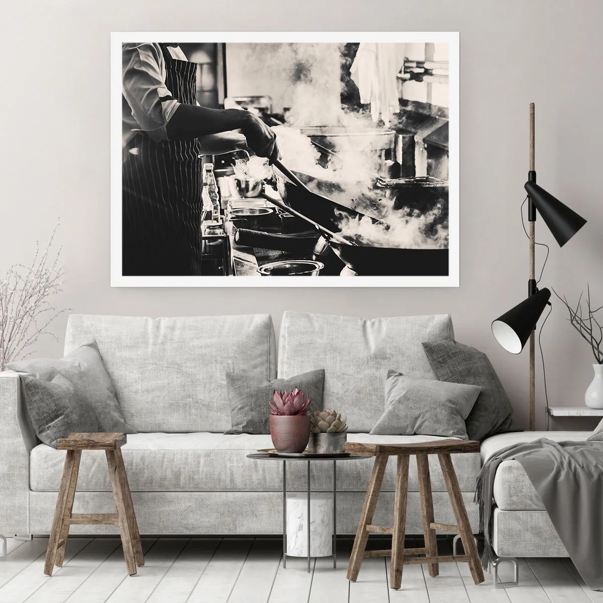 Póster - Un chef trabajando en la cocina con vapor saliendo de una sartén. - 100x70cm - Alquimia de sabores - Decoración de pared moderna para salón y dormitorio ARTTOR