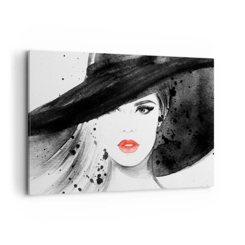 Cuadro sobre lienzo - Impresión de Imagen - Retrato de una mujer con sombrero y labios rojos. - 120x80cm - Dama de negro - Decoración de pared moderna para salón y dormitorio ARTTOR