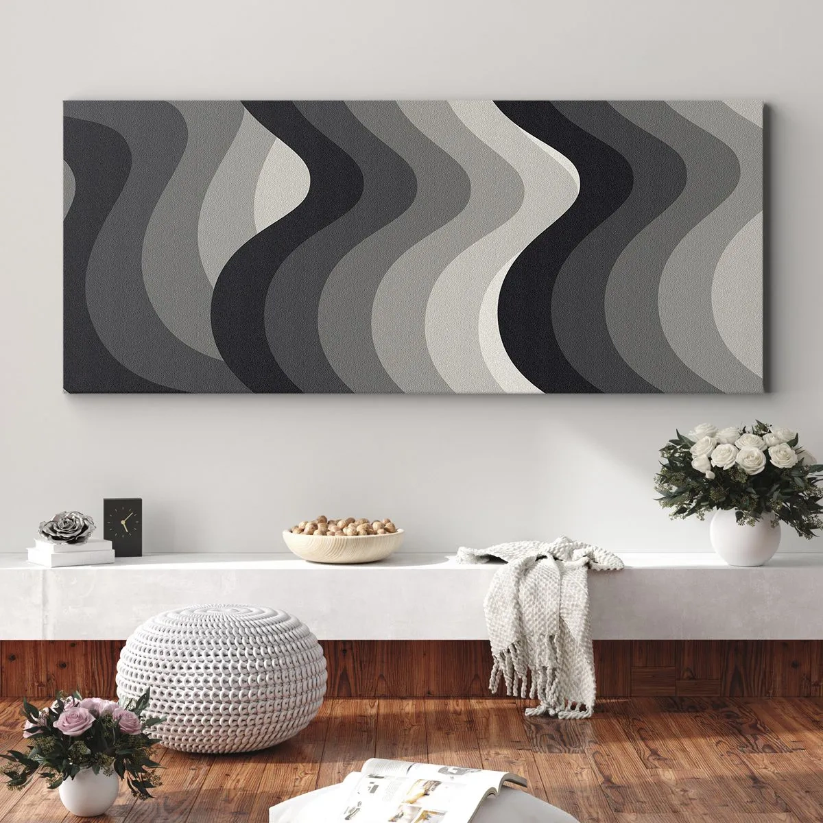 Cuadro sobre lienzo - Impresión de Imagen - Patrones ondulados en blanco y negro en tonos de gris. - 140x50cm - Ola tras ola - Decoración de pared moderna para salón y dormitorio ARTTOR