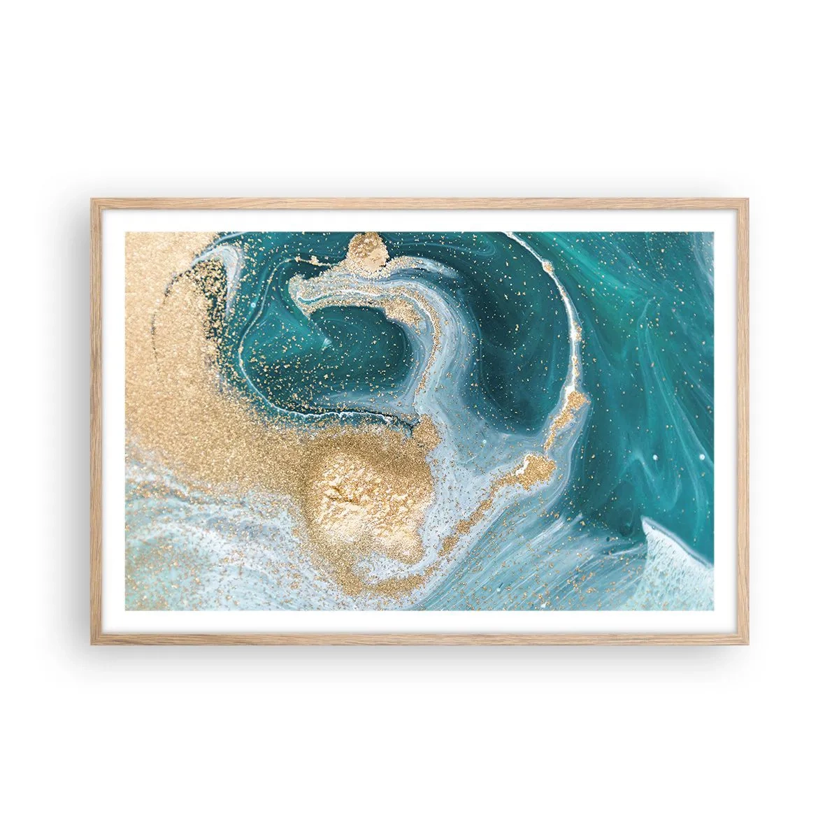 Póster en marco roble claro - Un remolino de oro y turquesa - 91x61 cm