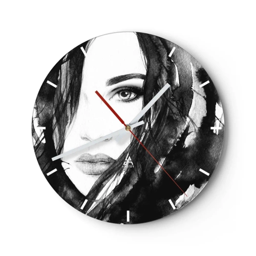 Reloj de pared - Reloj de vidrio - Retrato de una mujer en blanco y negro con estilo de acuarela. - 30x30cm - Retrato de una dama en blanco y negro - Decoración de pared moderna para salón, cocina y dormitorio ARTTOR