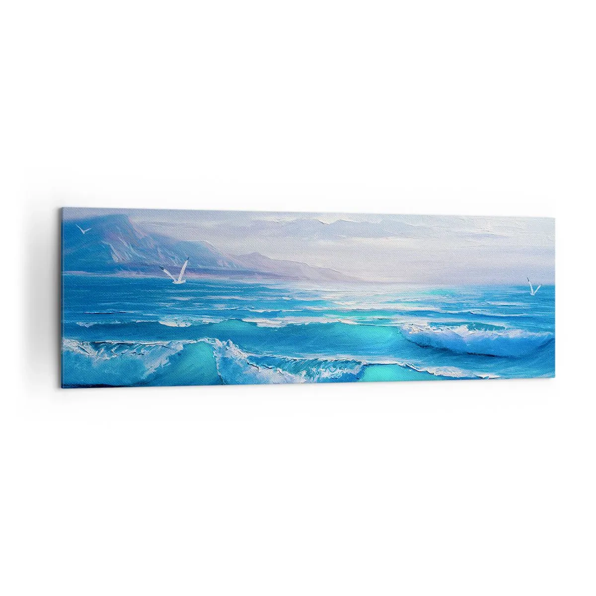 Cuadro sobre lienzo - Impresión de Imagen - Un pintoresco paisaje marino con olas y un cielo azul. - 160x50cm - Trae consuelo - Decoración de pared moderna para salón y dormitorio ARTTOR