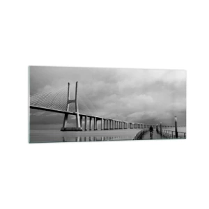 Cuadro sobre vidrio - Impresiones sobre Vidrio - Un puente colgante sobre el agua en blanco y negro. - 120x50cm - A cada uno lo suyo - Decoración de pared moderna para salón y dormitorio ARTTOR