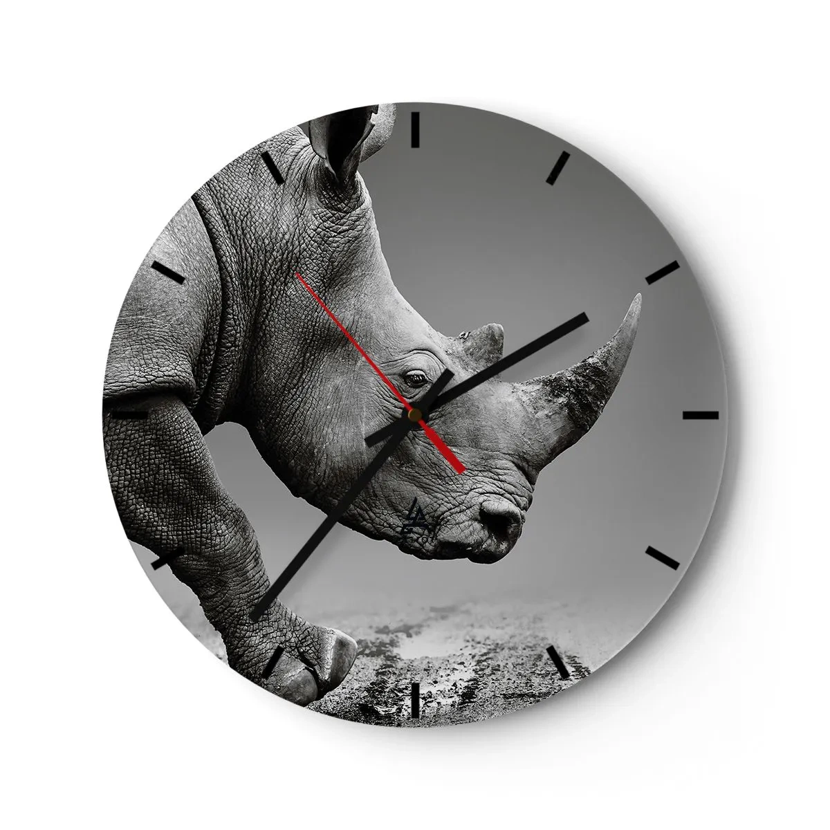 Reloj de pared - Reloj de vidrio - Un rinoceronte en estilo blanco y negro sobre un fondo neutro. - 30x30cm - Fuerza imparable - Decoración de pared moderna para salón, cocina y dormitorio ARTTOR