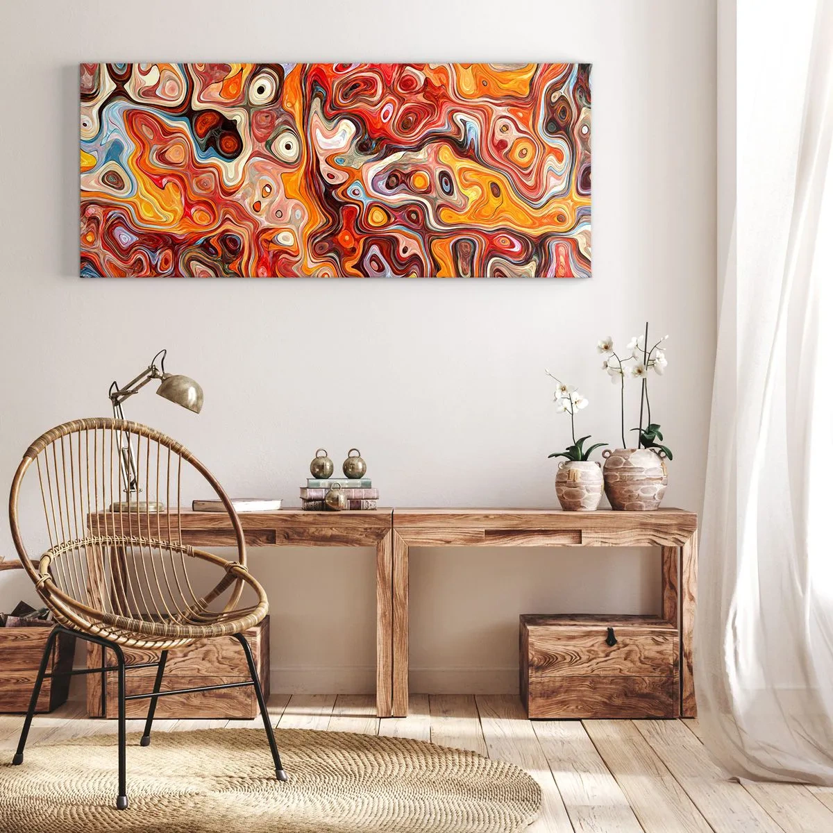 Cuadro sobre lienzo - Impresión de Imagen - Una composición abstracta en tonos cálidos de rojo, naranja y amarillo. - 160x50cm - Si las nueces se derritieran en la miel - Decoración de pared moderna para salón y dormitorio ARTTOR