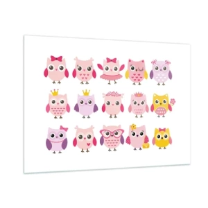 Cuadro sobre vidrio - Impresiones sobre Vidrio - Búhos coloridos en varios patrones sobre un fondo blanco. - 100x70cm - Uno más dulce que el otro - Decoración de pared moderna para salón y dormitorio ARTTOR