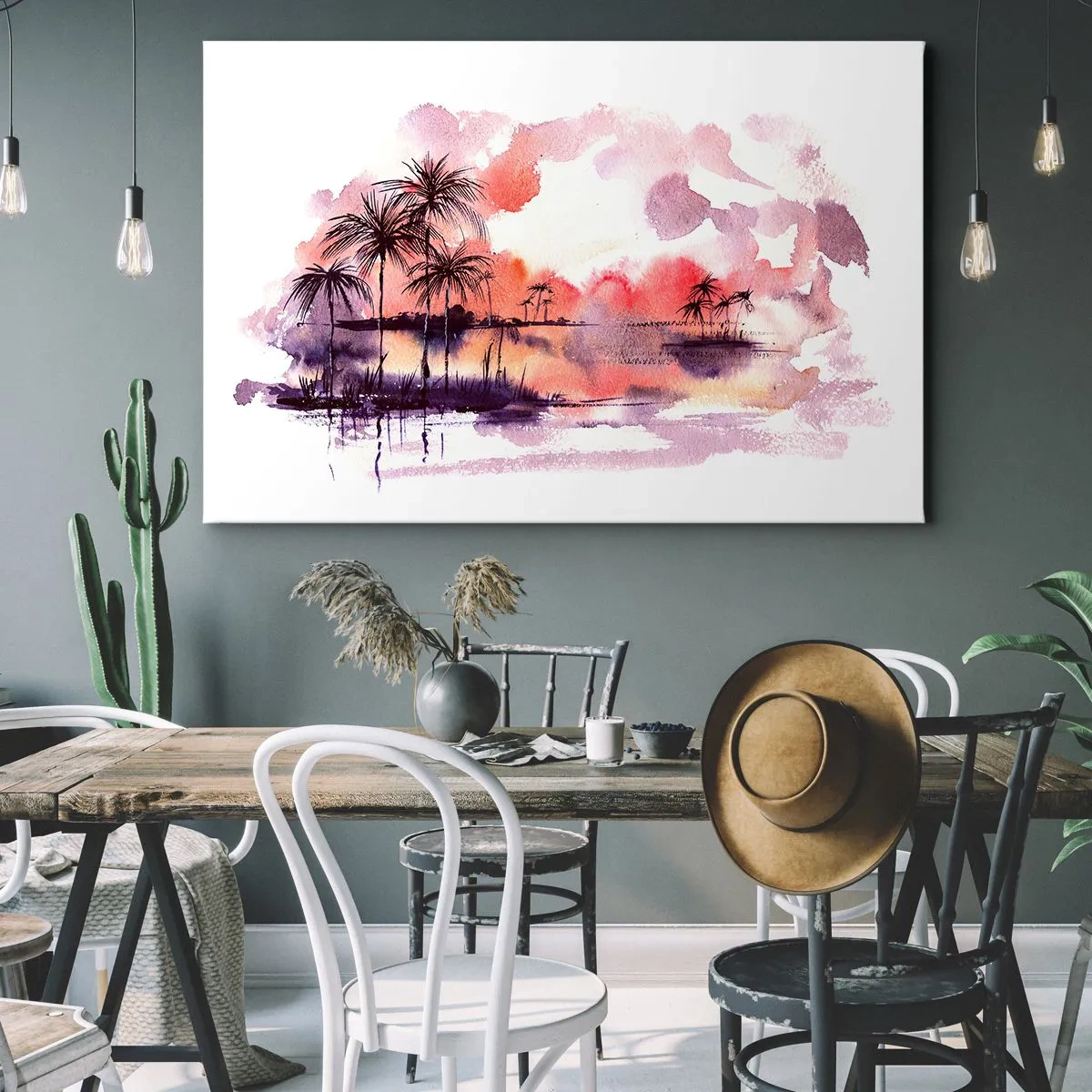 Cuadro sobre lienzo - Impresión de Imagen - Paisaje tropical con palmeras al atardecer en acuarela. - 120x80cm - La calma de los trópicos en rojo - Decoración de pared moderna para salón y dormitorio ARTTOR