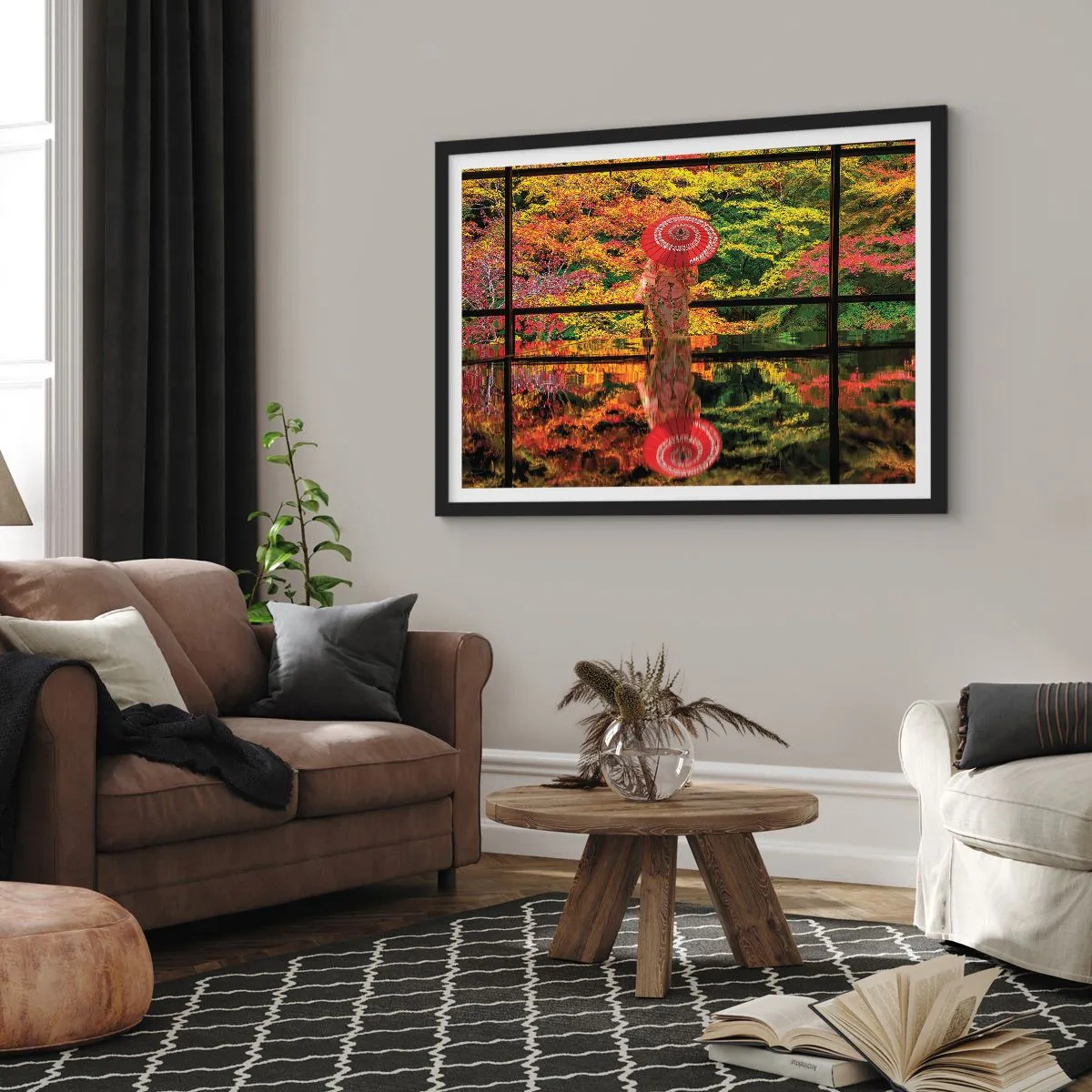 Póster en marco negro - Una mujer con un kimono y un paraguas con el telón de fondo de un paisaje otoñal. - 70x50cm - En un templo de la naturaleza - Decoración de pared moderna para salón y dormitorio ARTTOR