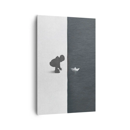 Cuadro sobre lienzo - Impresión de Imagen - Figura de un niño con un barquito de papel sobre un fondo de mitades contrastantes. - 80x120cm - Una gran expedición náutica - Decoración de pared moderna para salón y dormitorio ARTTOR