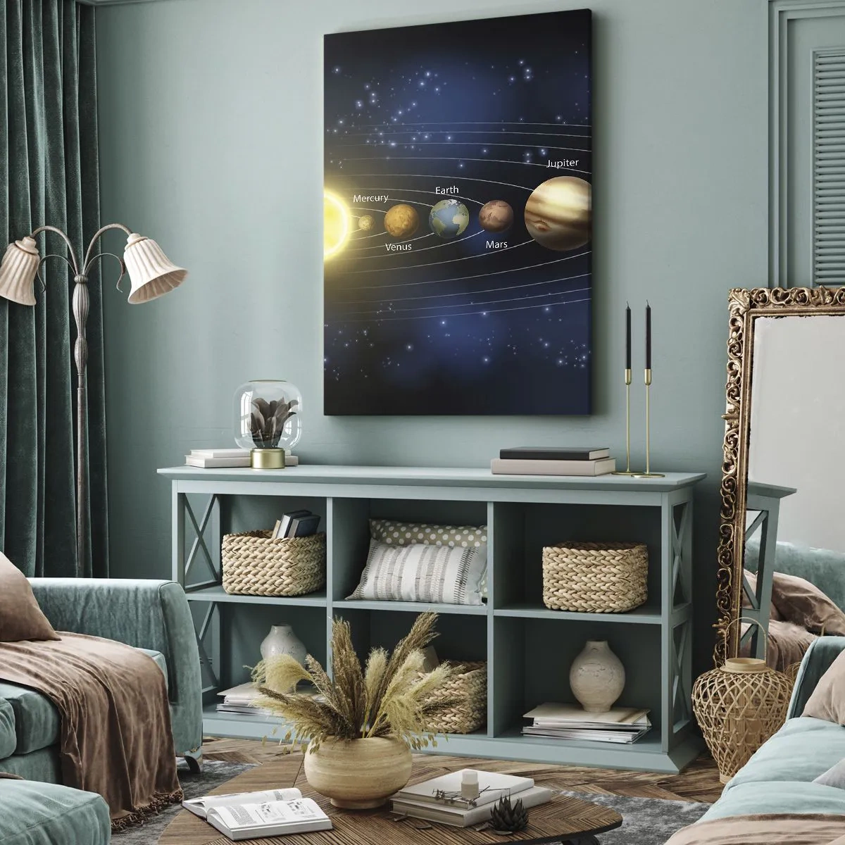 Cuadro sobre lienzo - Impresión de Imagen - Diagrama del sistema solar con planetas y el sol. - 80x120cm - Uno de diez - Decoración de pared moderna para salón y dormitorio ARTTOR