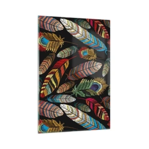 Cuadro sobre vidrio - Impresiones sobre Vidrio - Plumas de colores sobre un fondo negro - 80x120cm - Carnaval de las aves - Decoración de pared moderna para salón y dormitorio ARTTOR