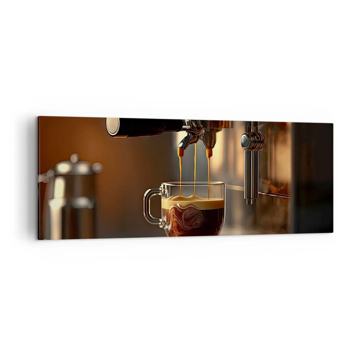 Cuadro sobre lienzo - Impresión de Imagen - Cafetera con una taza de espresso aromático. - 140x50cm - Un brebaje sensual - Decoración de pared moderna para salón y dormitorio ARTTOR