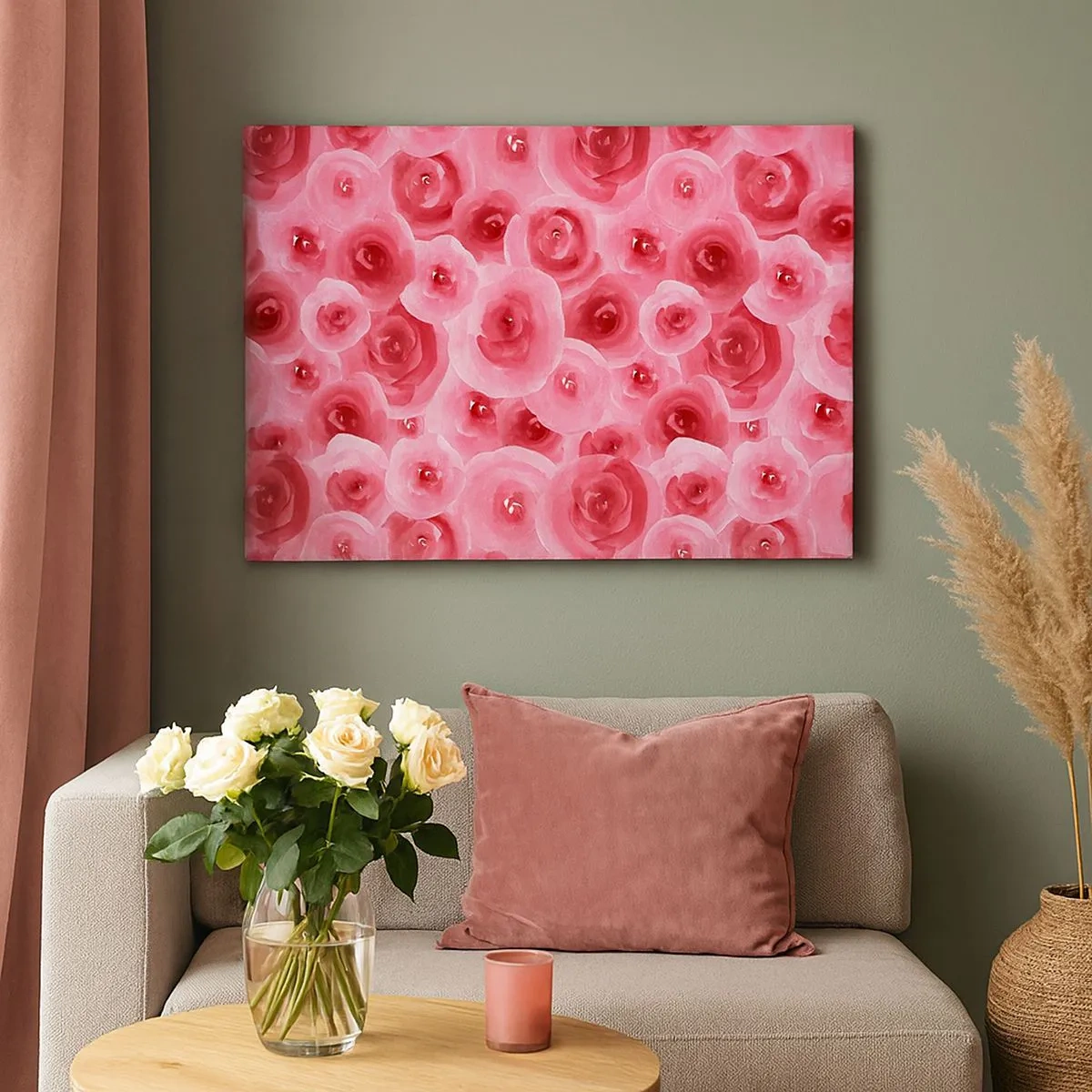 Cuadro sobre lienzo - Impresión de Imagen - Delicadas rosas en tonos pastel de rosa. - 70x50cm - Rosas abajo y arriba - Decoración de pared moderna para salón y dormitorio ARTTOR