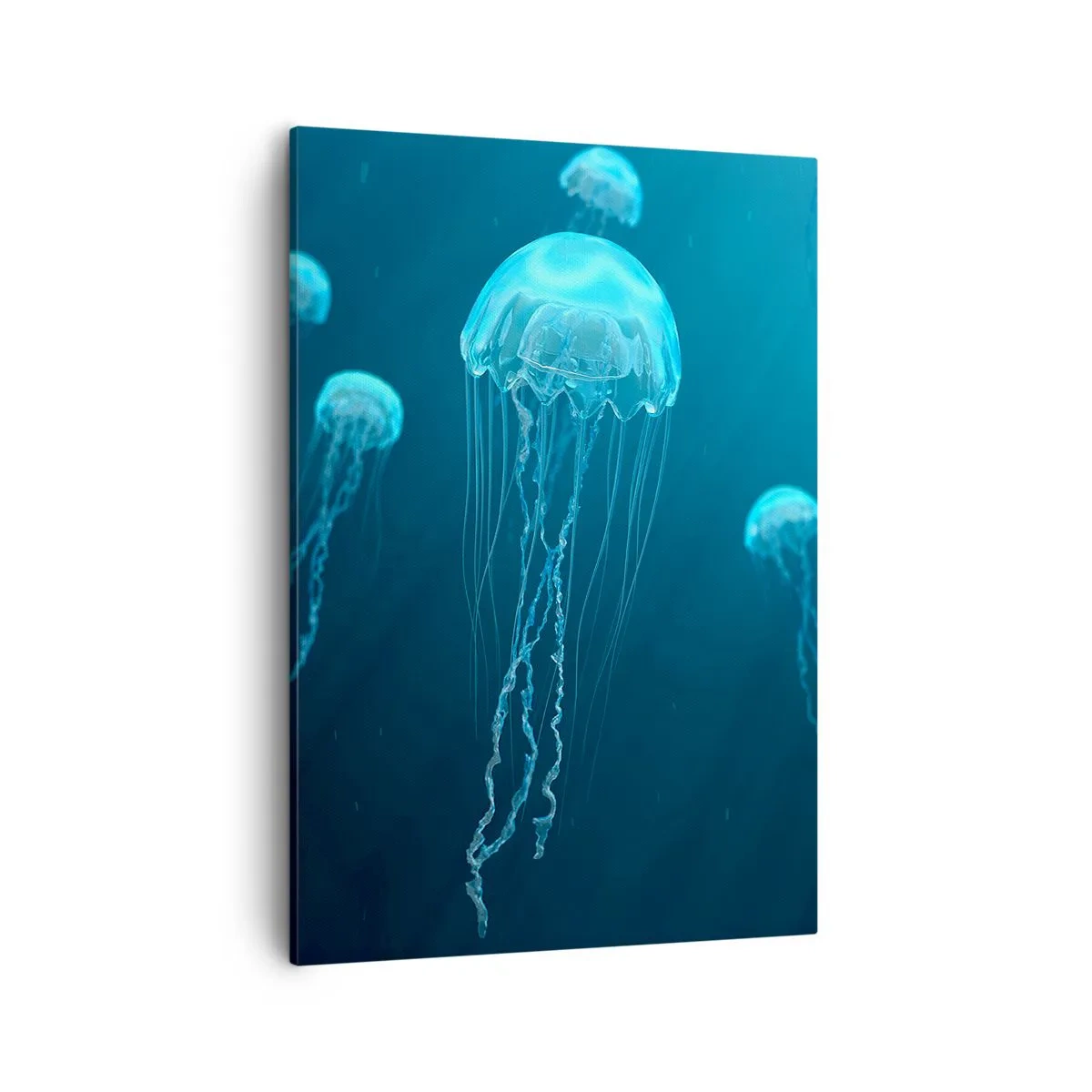 Cuadro sobre lienzo - Impresión de Imagen - Medusas flotando en las profundidades del océano en tonos azules. - 50x70cm - Danza oceánica - Decoración de pared moderna para salón y dormitorio ARTTOR
