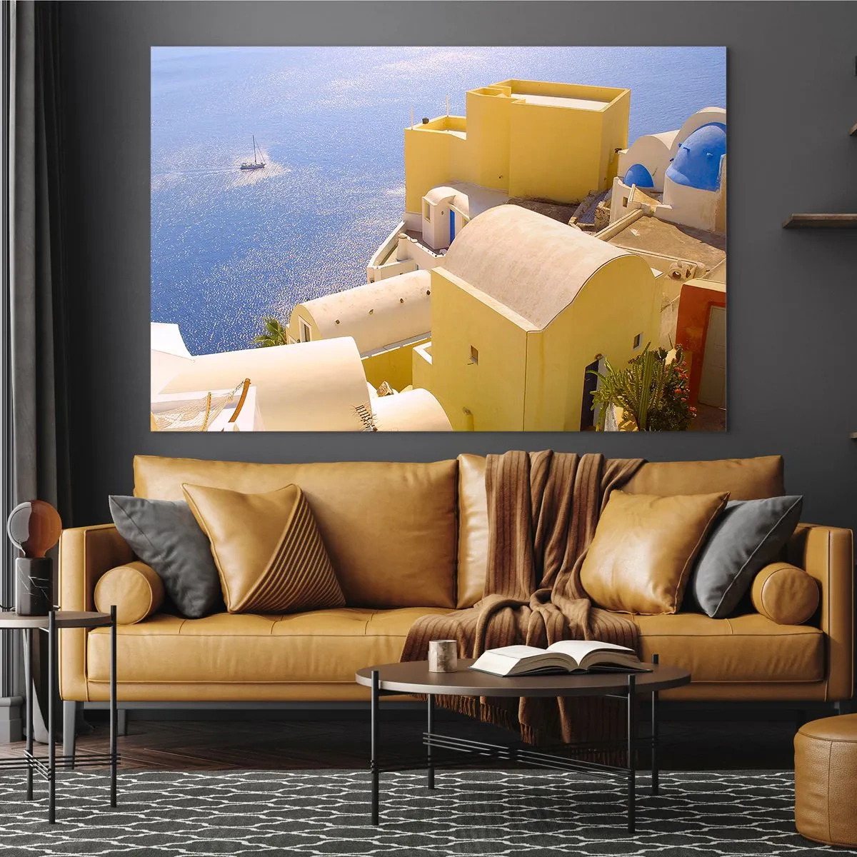 Cuadro sobre vidrio - Impresiones sobre Vidrio - Vista de Santorini con mar azul y edificios blancos. - 70x50cm - Paisaje griego en blanco y azul - Decoración de pared moderna para salón y dormitorio ARTTOR
