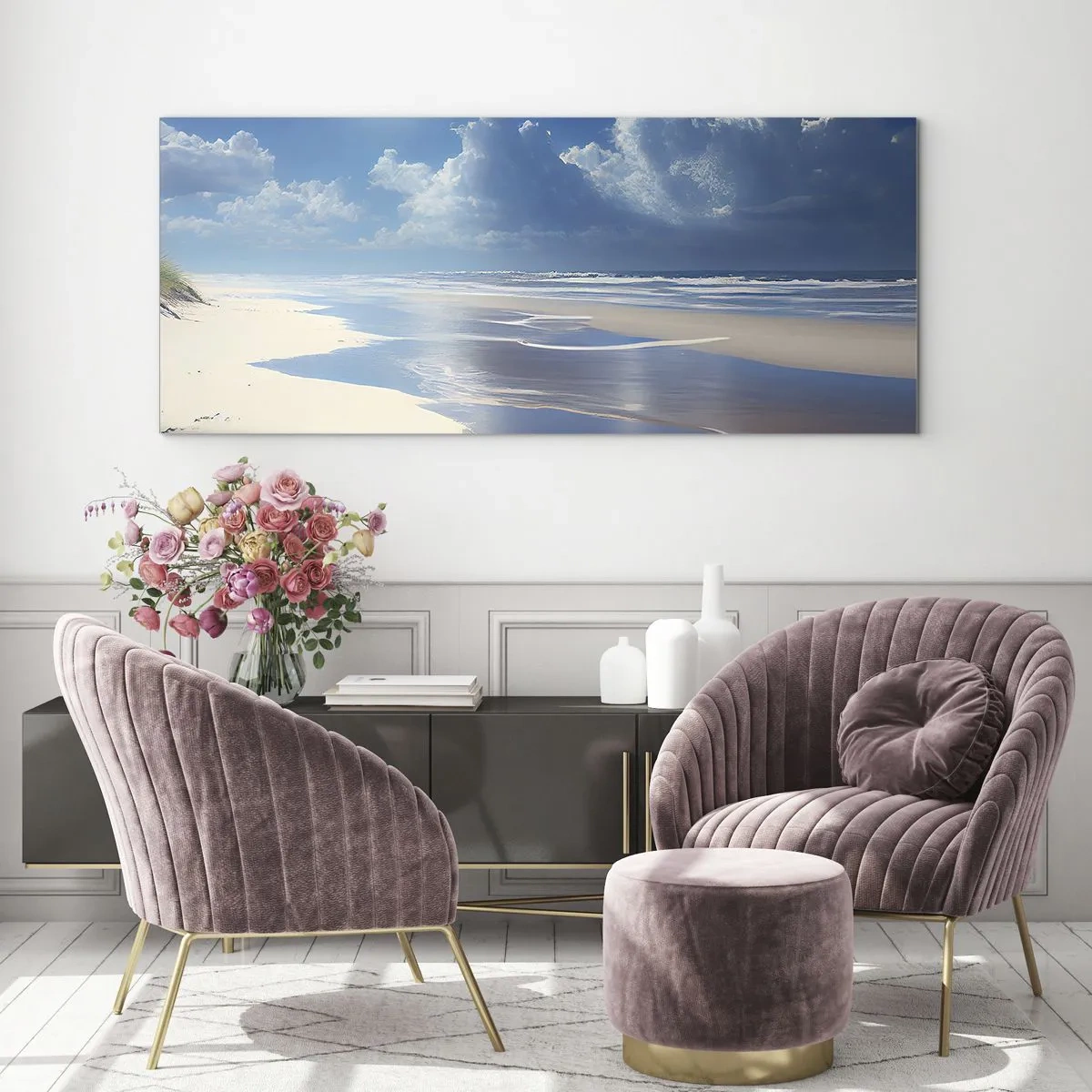 Cuadro sobre vidrio - Impresiones sobre Vidrio - Una playa de arena con olas bajo un cielo azul. - 120x50cm - Vacaciones en el paraíso - Decoración de pared moderna para salón y dormitorio ARTTOR