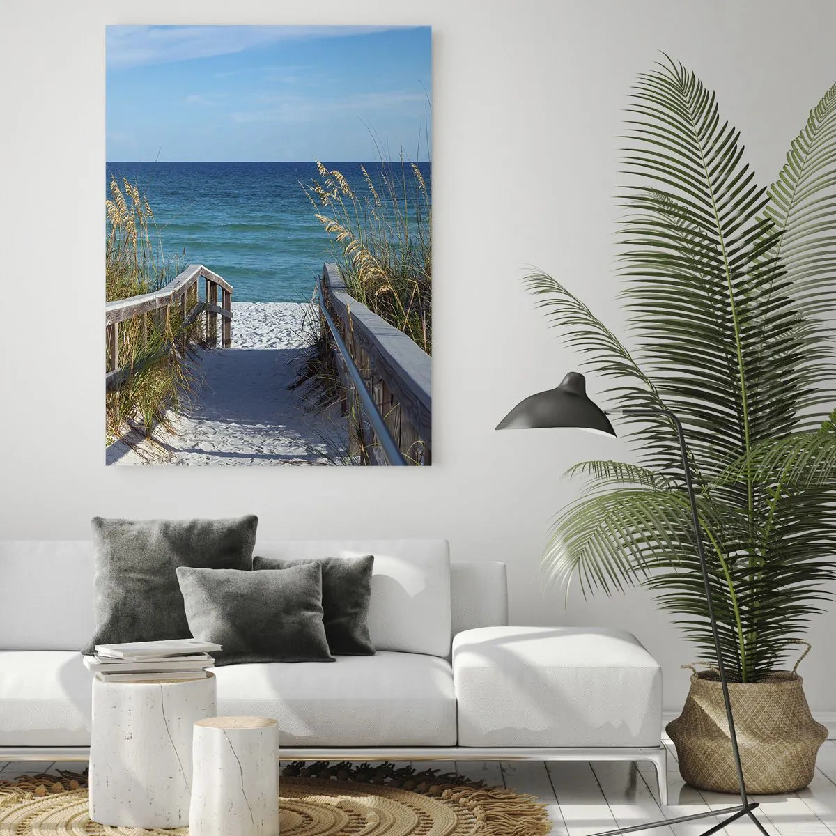 Cuadro sobre vidrio - Impresiones sobre Vidrio - Camino a la playa con vistas al mar - 50x70cm - En el sol, en el viento - Decoración de pared moderna para salón y dormitorio ARTTOR