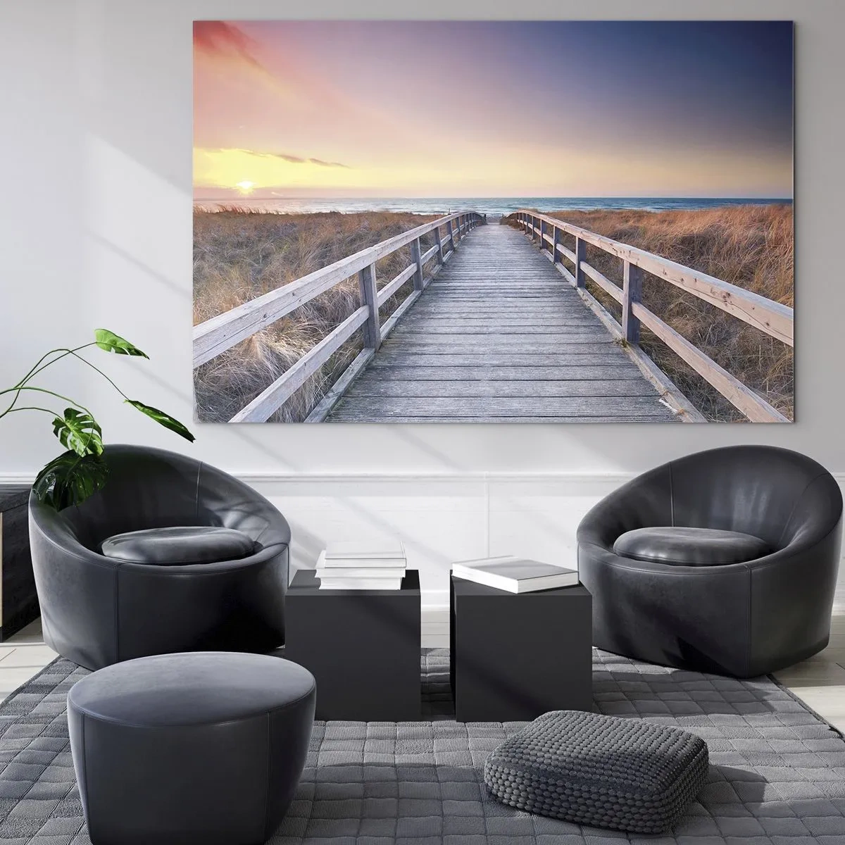 Cuadro sobre vidrio - Impresiones sobre Vidrio - Muelle de madera que conduce a la playa al atardecer - 70x50cm - Aurora vespertina del Báltico - Decoración de pared moderna para salón y dormitorio ARTTOR
