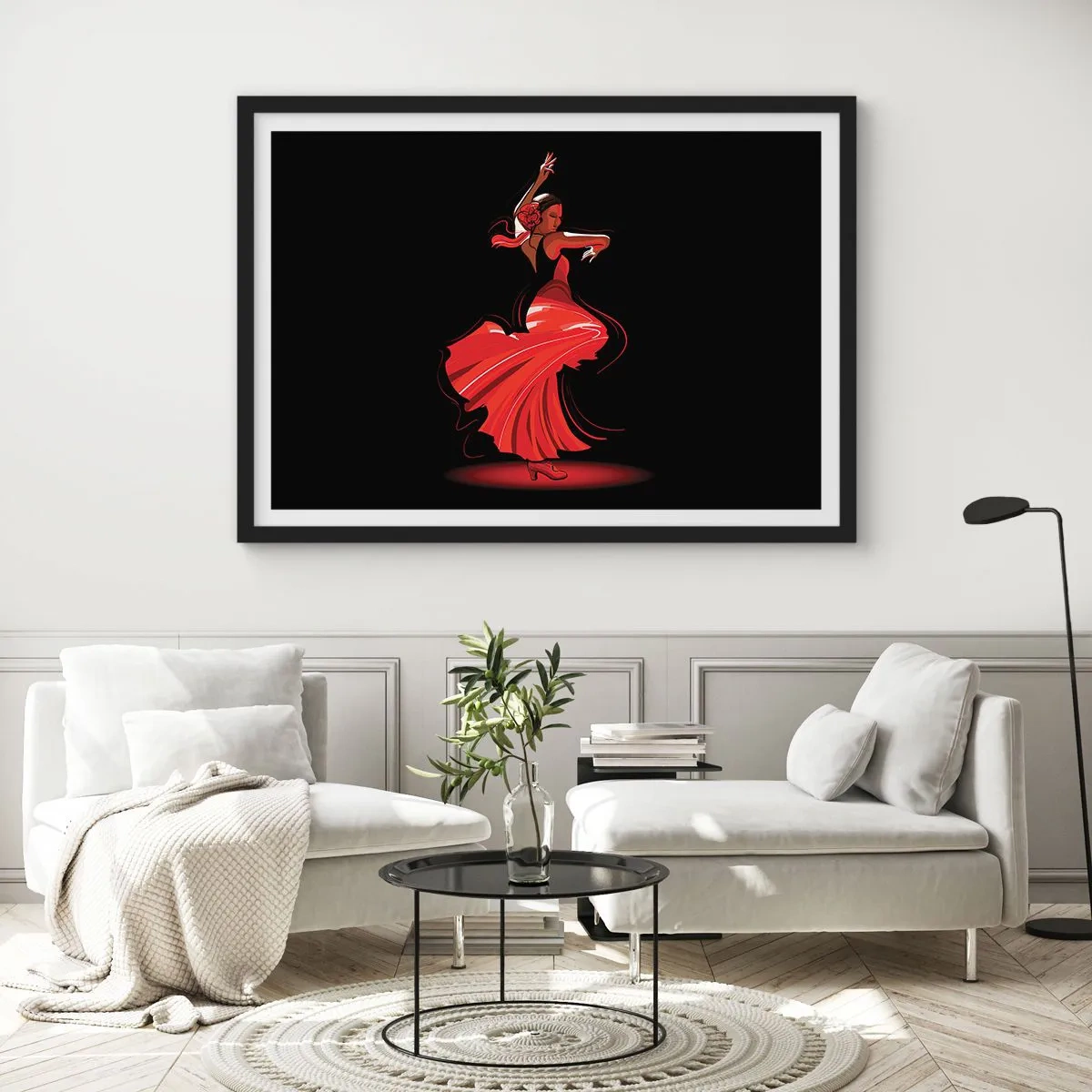 Póster en marco negro - Bailaora de flamenco con vestido rojo sobre fondo negro - 70x50cm - El espíritu ardiente del flamenco - Decoración de pared moderna para salón y dormitorio ARTTOR