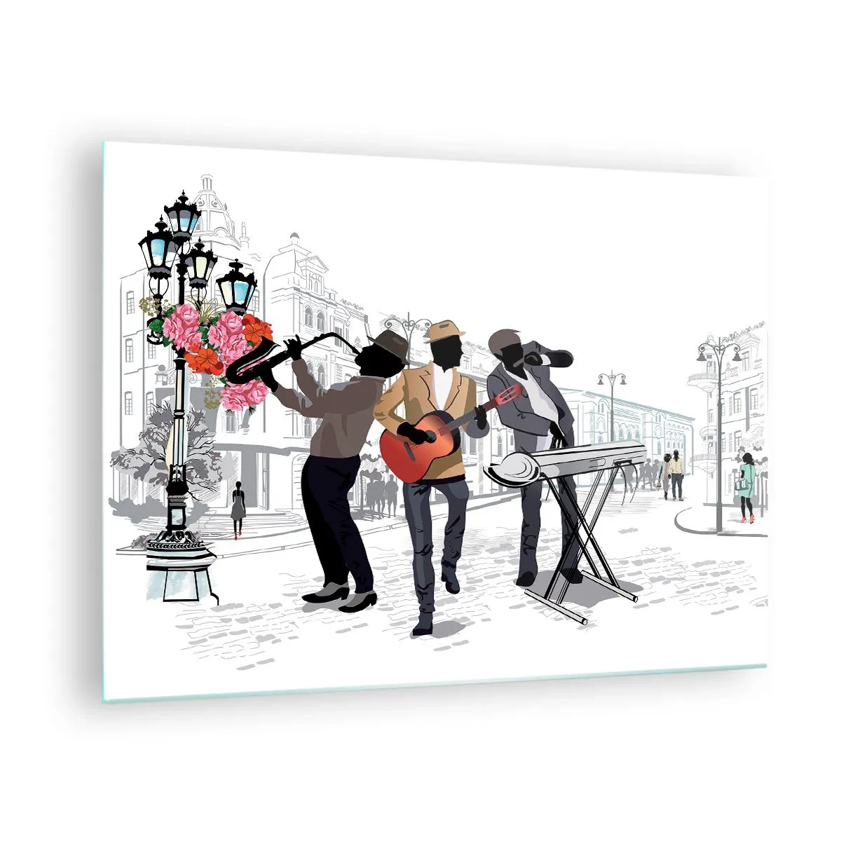 Cuadro sobre vidrio - Impresiones sobre Vidrio - Una banda de jazz tocando en la calle. - 70x50cm - Música de la calle - Decoración de pared moderna para salón y dormitorio ARTTOR