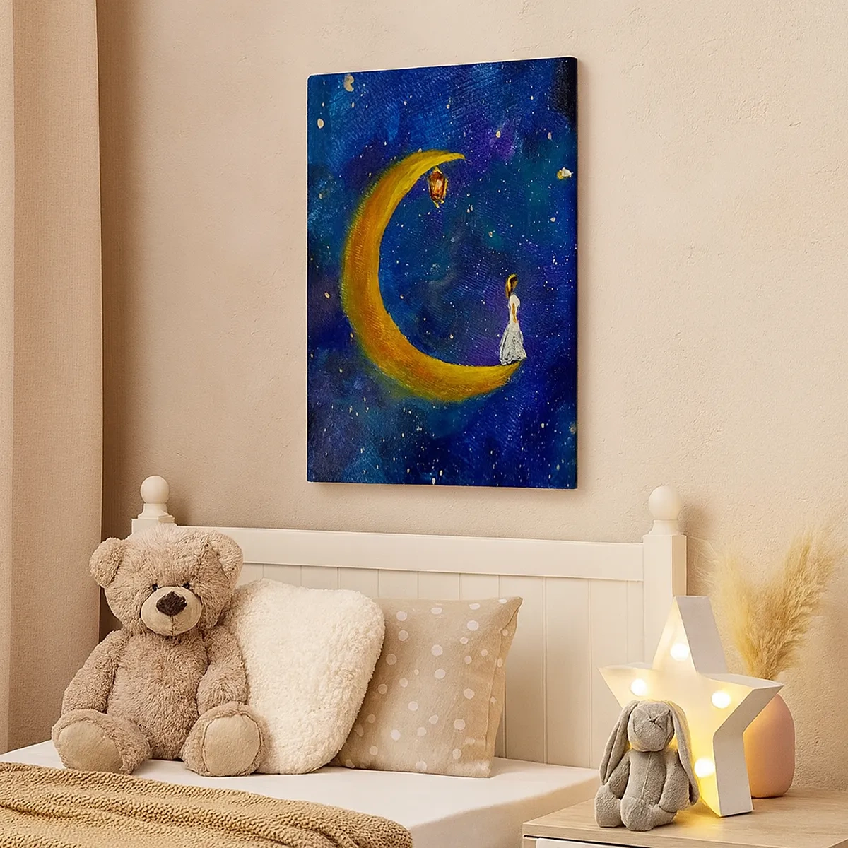 Cuadro sobre lienzo - Impresión de Imagen - Una niña parada en la luna en un cielo estrellado. - 50x70cm - La llamada de la Luna - Decoración de pared moderna para salón y dormitorio ARTTOR