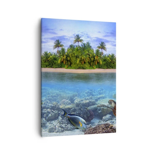 Cuadro sobre lienzo - Impresión de Imagen - Una isla tropical rodeada de un océano turquesa con un arrecife de coral y peces. - 50x70cm - Una isla paradisíaca te invita - Decoración de pared moderna para salón y dormitorio ARTTOR